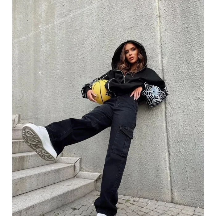 Arnay Üç İplik Bape Spider Baskılı Oversize Hırka - Siyah