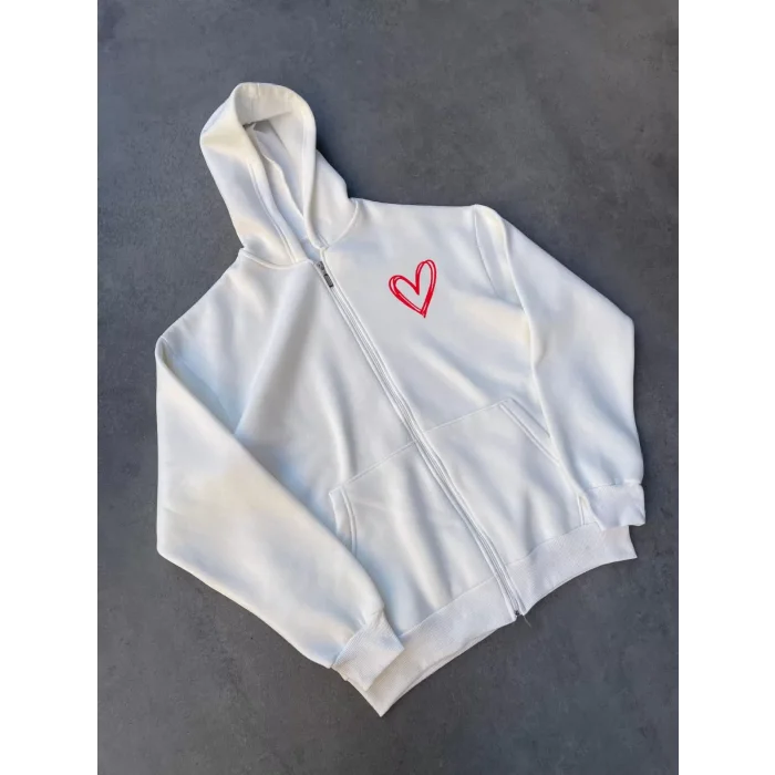 Arnay Üç İplik Baskılı Fermuarlı Kapüşonlu Hırka - Beyaz