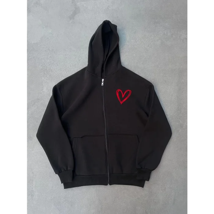 Arnay Üç İplik Baskılı Fermuarlı Kapüşonlu Hırka - Siyah