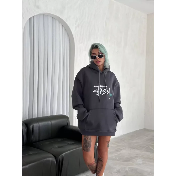 Arnay Üç İplik Kapşonlu Baskılı Sweatshirt - Füme