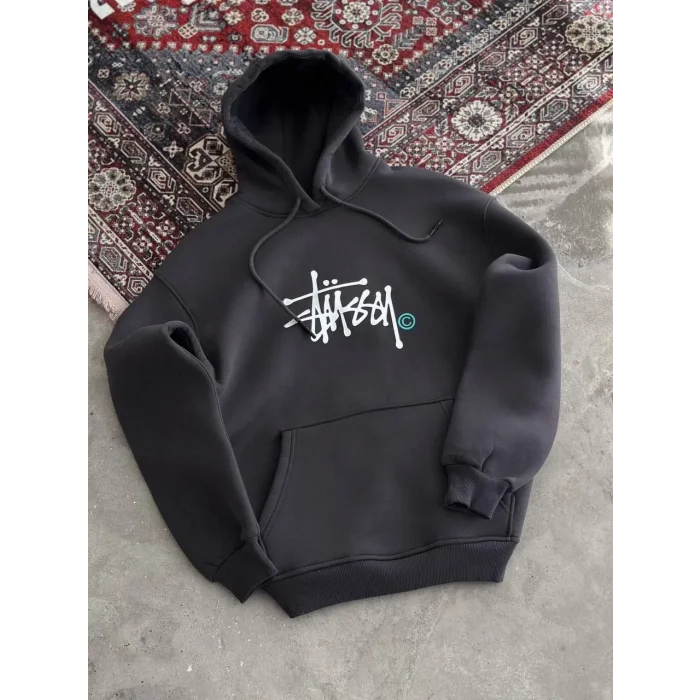 Arnay Üç İplik Kapşonlu Baskılı Sweatshirt - Füme