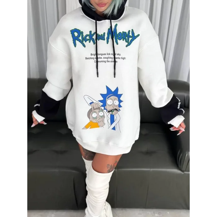 Arnay Üç İplik Kapşonlu Parçalı Baskılı Sweatshirt - Beyaz