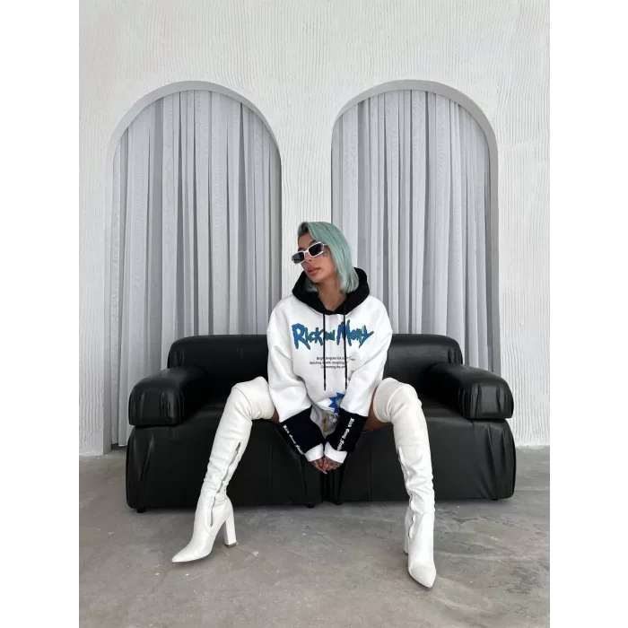 Arnay Üç İplik Kapşonlu Parçalı Baskılı Sweatshirt - Beyaz