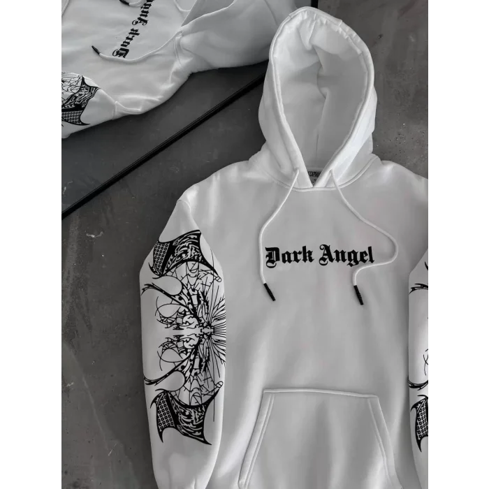 Arnay Üç İplik Kapüşonlu Baskılı Oversize Sweatshirt- Beyaz