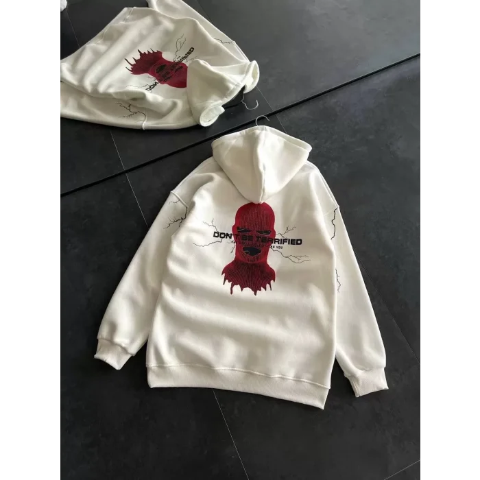 Arnay Üç İplik Kapüşonlu Baskılı Oversize Sweatshirt- Beyaz