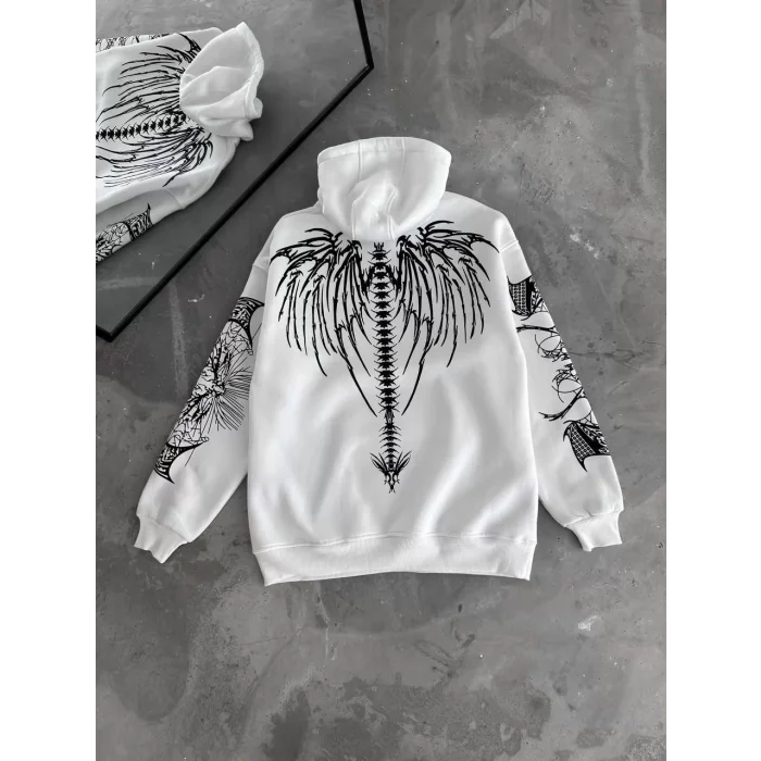 Arnay Üç İplik Kapüşonlu Baskılı Oversize Sweatshirt- Beyaz