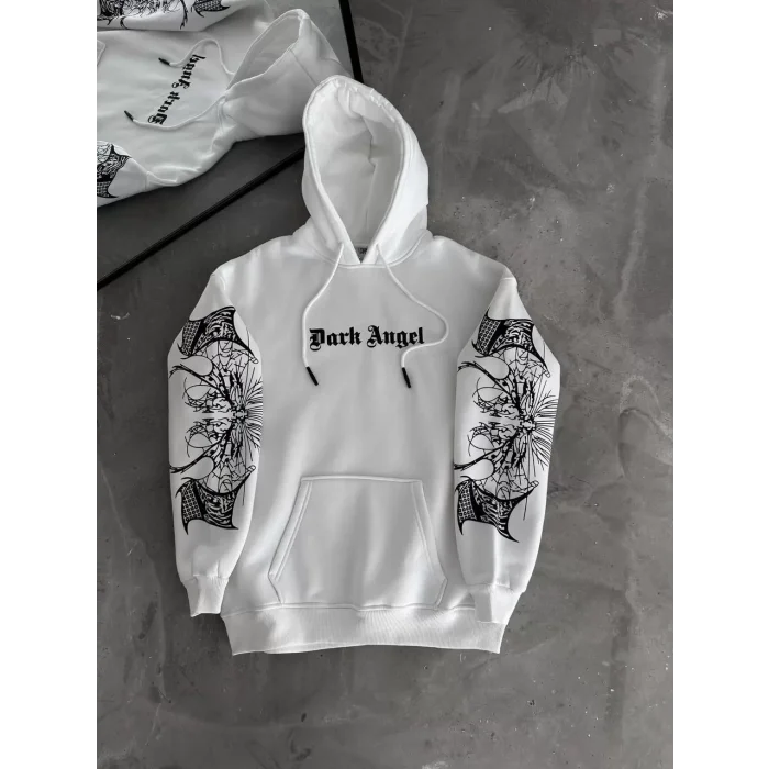 Arnay Üç İplik Kapüşonlu Baskılı Oversize Sweatshirt- Beyaz