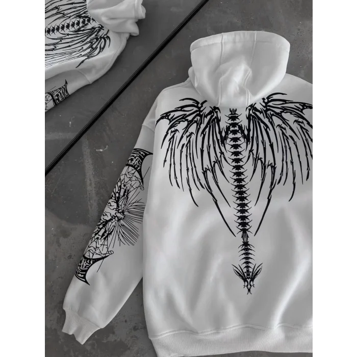 Arnay Üç İplik Kapüşonlu Baskılı Oversize Sweatshirt- Beyaz