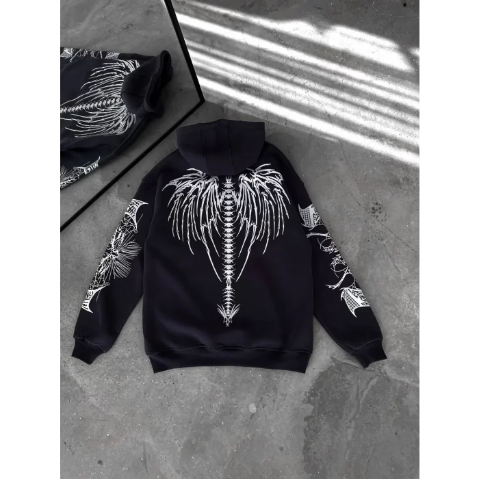 Arnay Üç İplik Kapüşonlu Baskılı Oversize Sweatshirt- Siyah