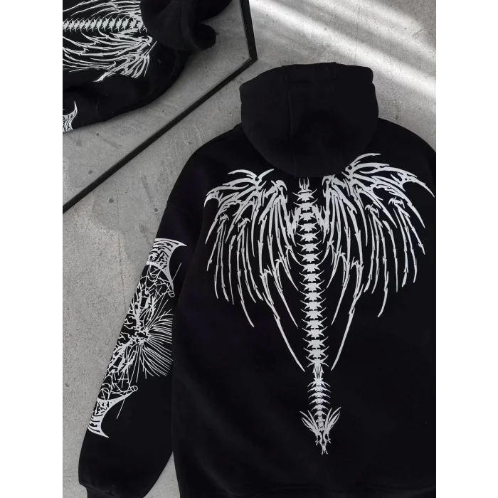 Arnay Üç İplik Kapüşonlu Baskılı Oversize Sweatshirt- Siyah