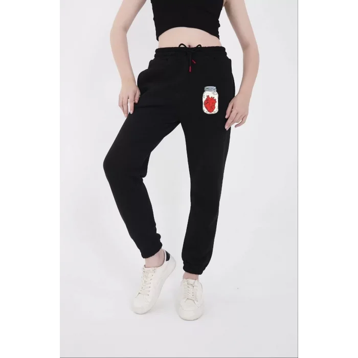 Arnay Üç İplik Lastikli Baskılı Eşofman Pantolon - Siyah