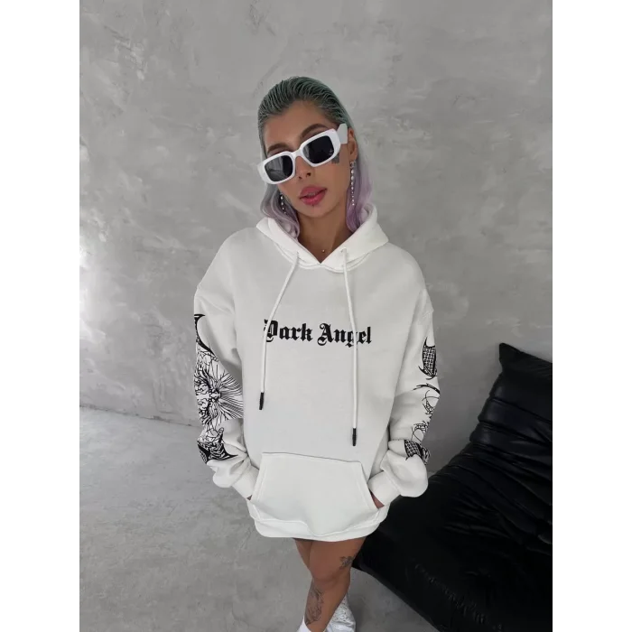 Arnay Üç İplik Uzun Kol Kapüşonlu Baskılı Sweatshirt - Beyaz