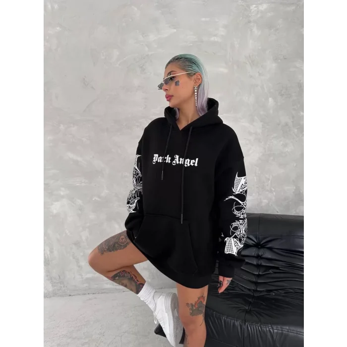 Arnay Üç İplik Uzun Kol Kapüşonlu Baskılı Sweatshirt - Siyah