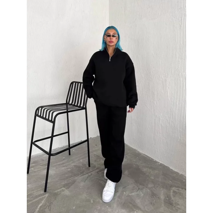 Arnay Üç İplik Yarım Fermuarlı Kışlık Eşofman Takım - Siyah