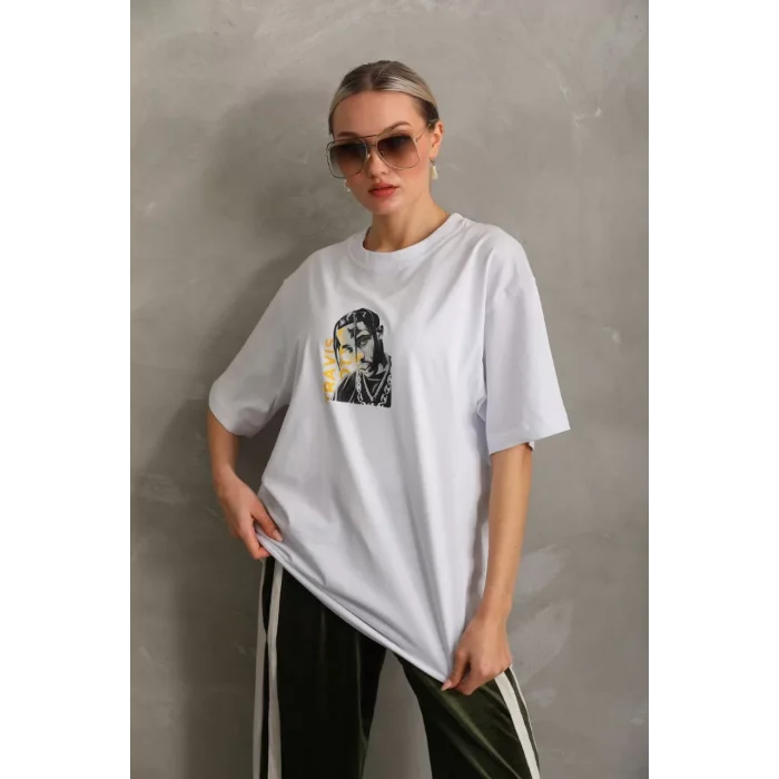 Arnay Unisex Baskılı Oversize T-shirt - Beyaz