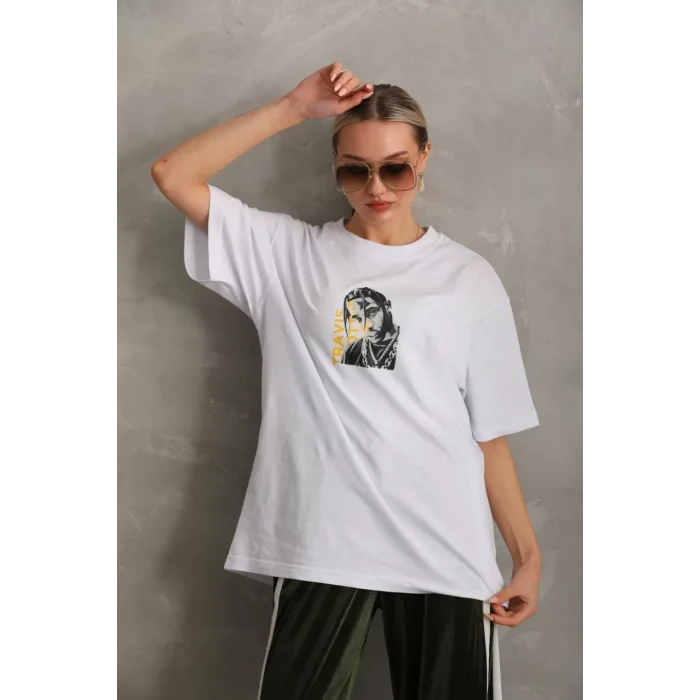 Arnay Unisex Baskılı Oversize T-shirt - Beyaz