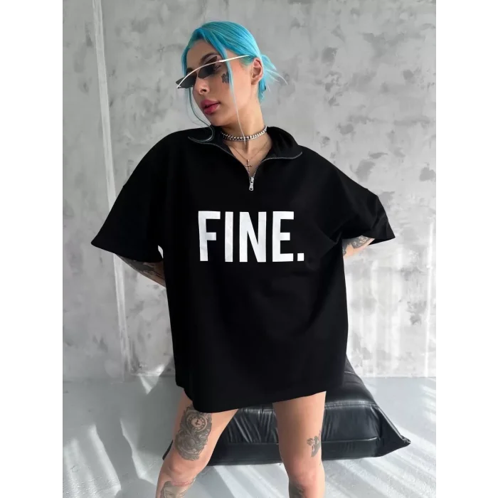 Arnay Unisex Baskılı Yarım Fermuarlı T-shirt - Siyah