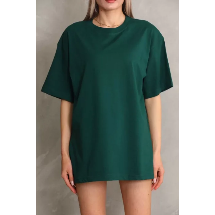Arnay Unisex Bisiklet Yaka 20/1 Düz Oversize T-shirt - Yeşil