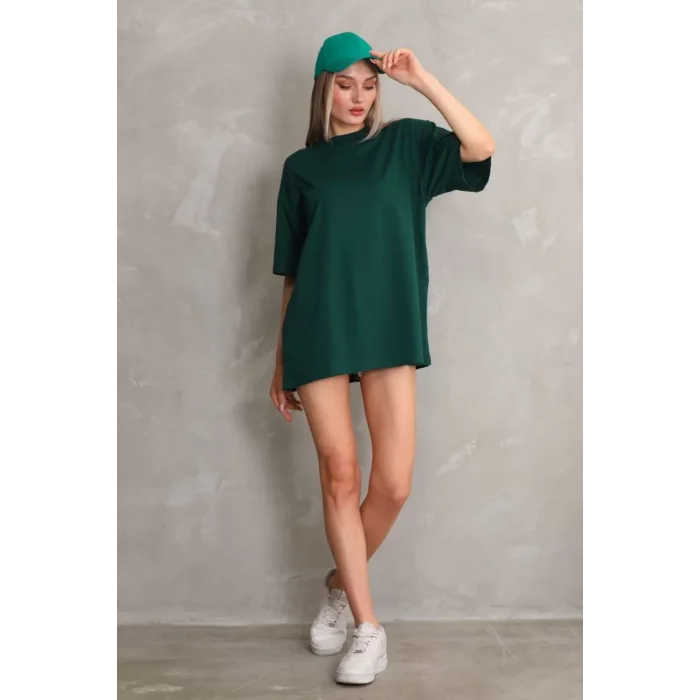 Arnay Unisex Bisiklet Yaka 20/1 Düz Oversize T-shirt - Yeşil