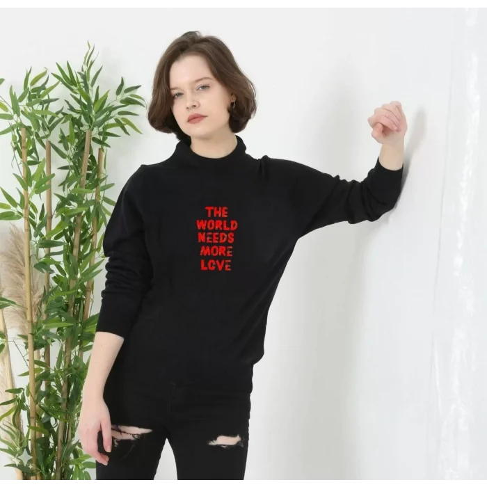 Arnay Unisex Bisiklet Yaka Baskılı Dokuma Triko - Siyah