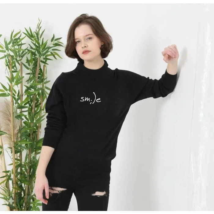 Arnay Unisex Bisiklet Yaka Baskılı Dokuma Triko - Siyah