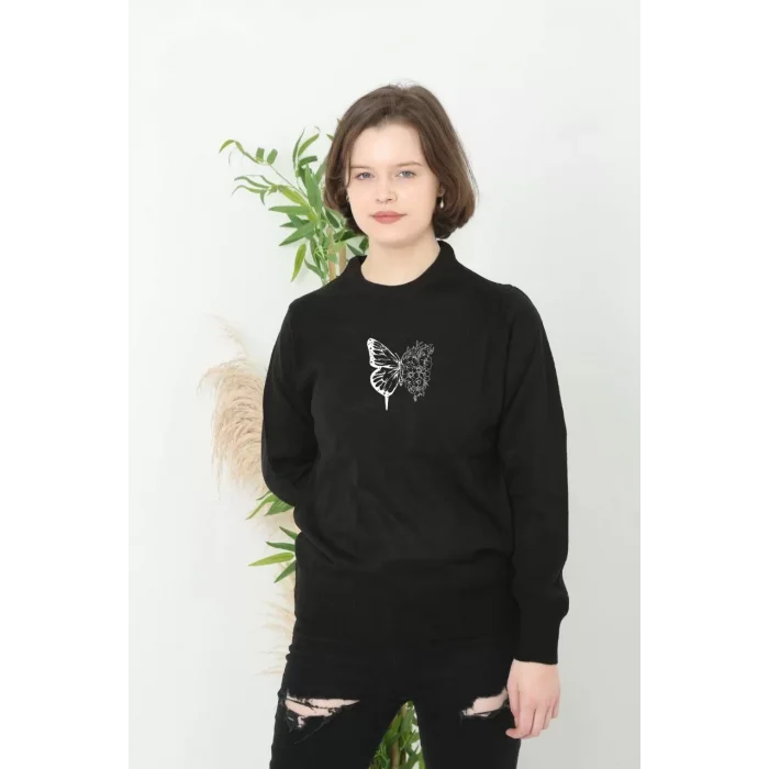 Arnay Unisex Bisiklet Yaka Baskılı Dokuma Triko - Siyah