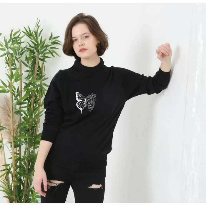 Arnay Unisex Bisiklet Yaka Baskılı Dokuma Triko - Siyah