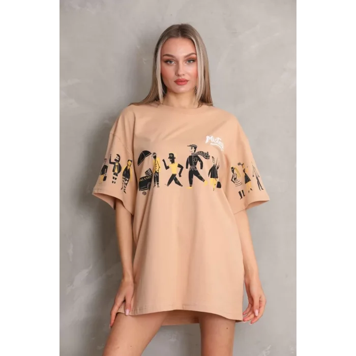 Arnay Unisex Bisiklet Yaka Baskılı Oversize T-shirt - Bej