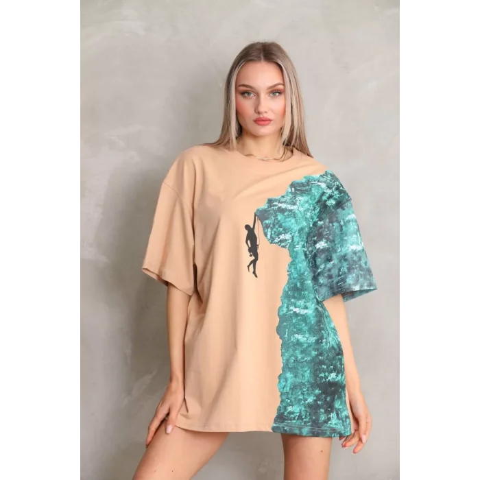 Arnay Unisex Bisiklet Yaka Baskılı Oversize T-shirt - Bej