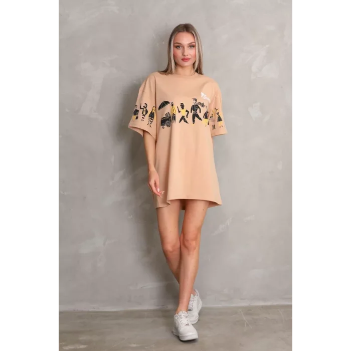 Arnay Unisex Bisiklet Yaka Baskılı Oversize T-shirt - Bej