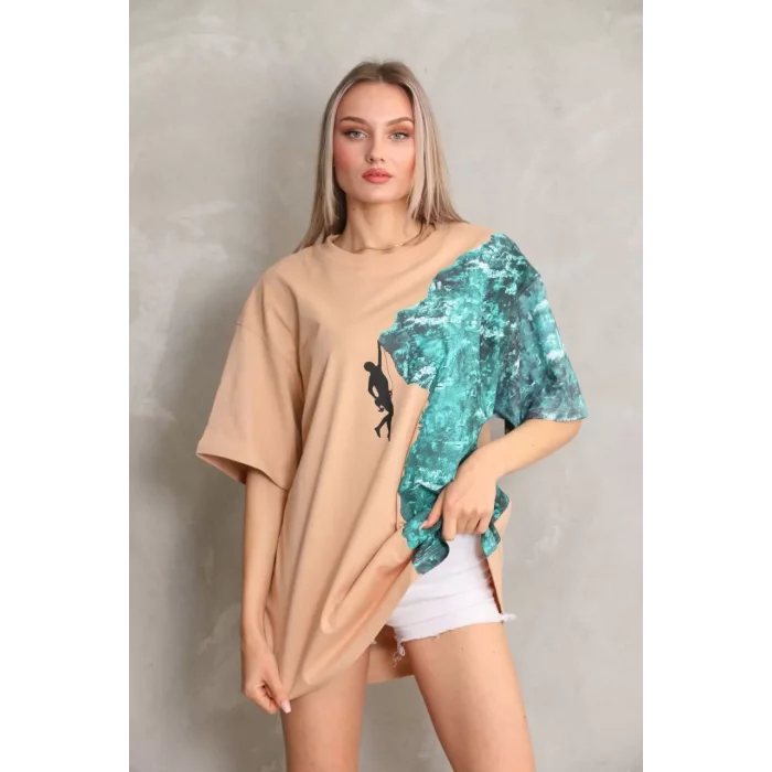 Arnay Unisex Bisiklet Yaka Baskılı Oversize T-shirt - Bej