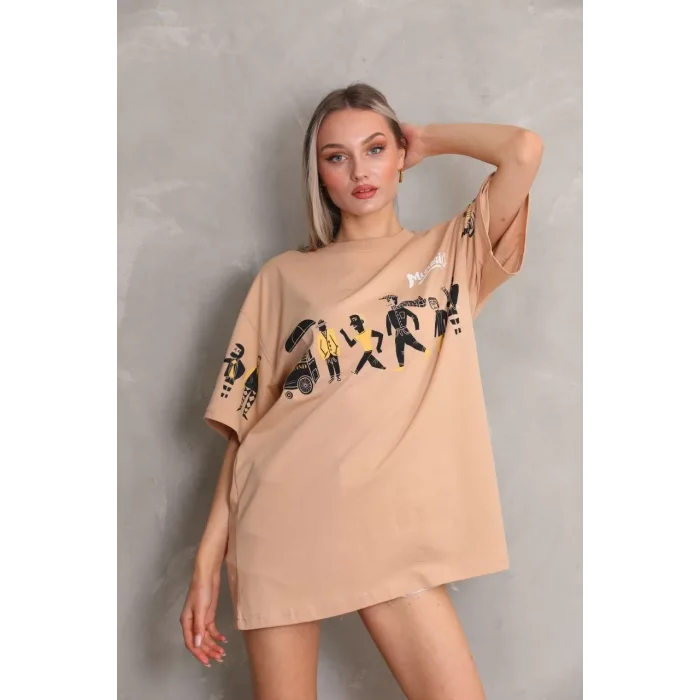 Arnay Unisex Bisiklet Yaka Baskılı Oversize T-shirt - Bej