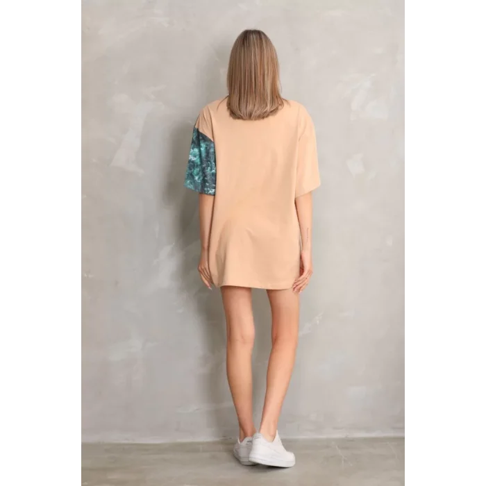 Arnay Unisex Bisiklet Yaka Baskılı Oversize T-shirt - Bej