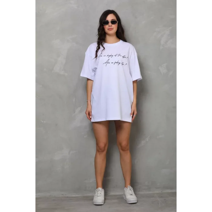 Arnay Unisex Bisiklet Yaka Baskılı Oversize T-shirt - Beyaz