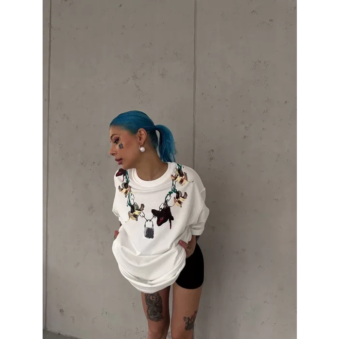 Arnay Unisex Bisiklet Yaka Baskılı Oversize T-shirt - Beyaz