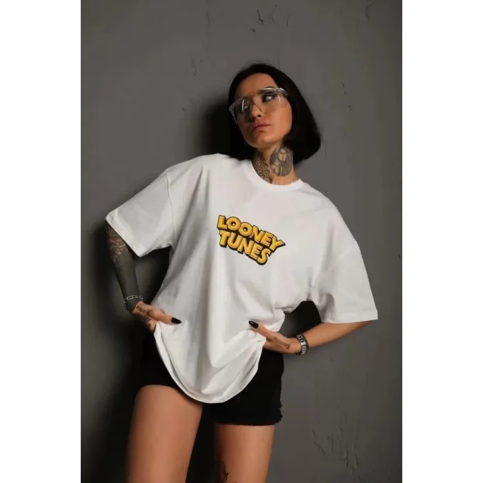 Arnay Unisex Bisiklet Yaka Baskılı Oversize T-shirt - Beyaz