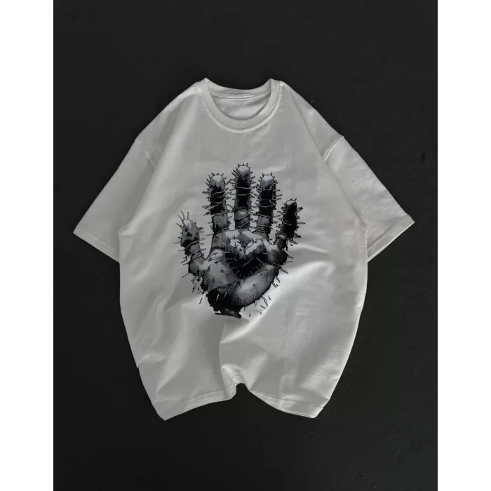 Arnay Unisex Bisiklet Yaka Baskılı Oversize T-shirt - Beyaz