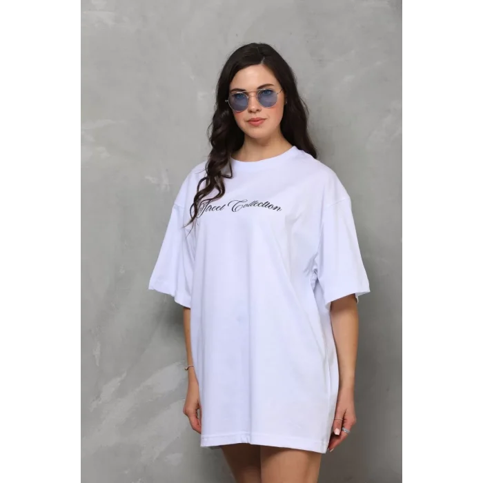 Arnay Unisex Bisiklet Yaka Baskılı Oversize T-shirt - Beyaz