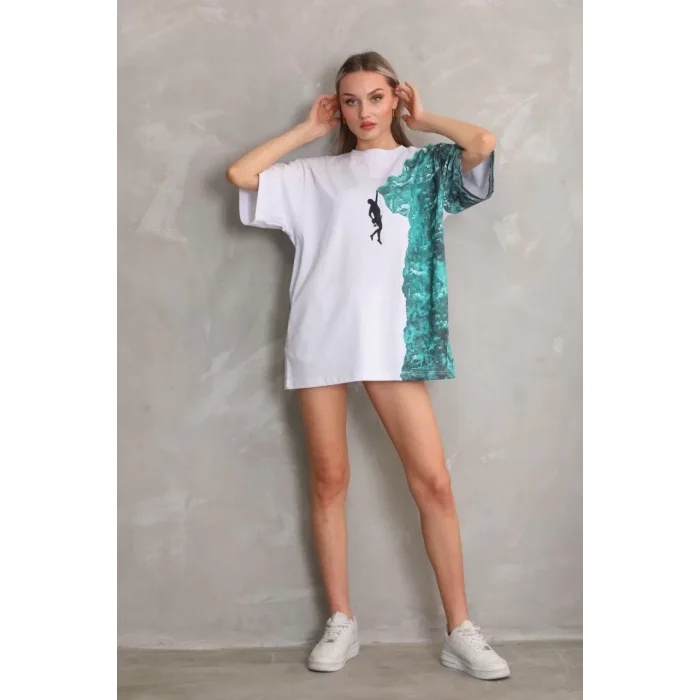 Arnay Unisex Bisiklet Yaka Baskılı Oversize T-shirt - Beyaz