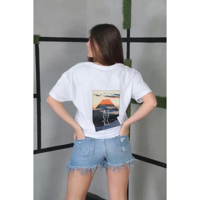 Arnay Unisex Bisiklet Yaka Baskılı Oversize T-shirt- Beyaz