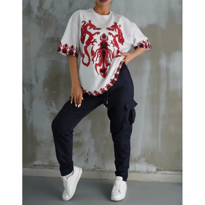 Arnay Unisex Bisiklet Yaka Baskılı Oversize T-shirt - Beyaz