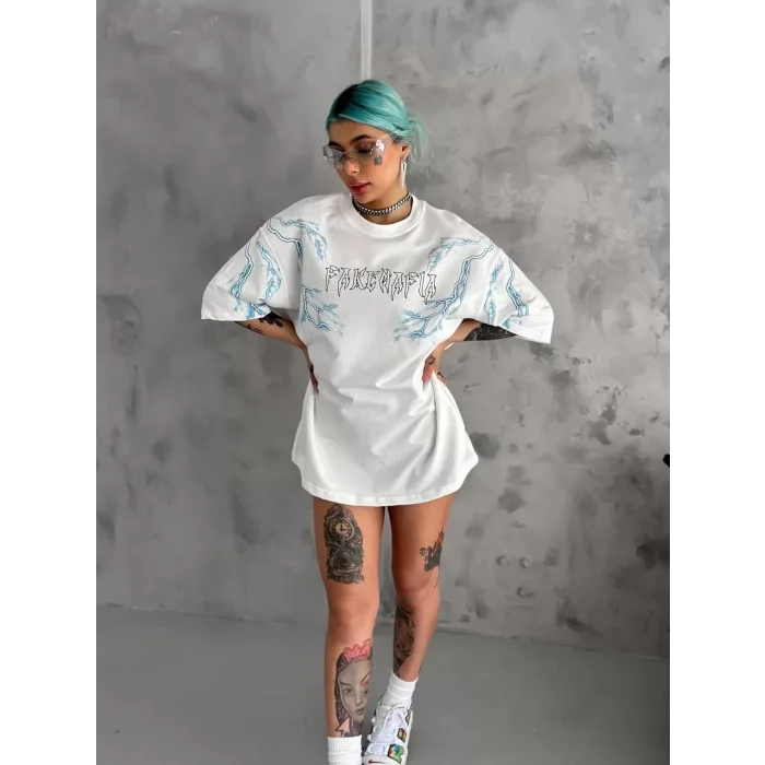 Arnay Unisex Bisiklet Yaka Baskılı Oversize T-shirt - Beyaz