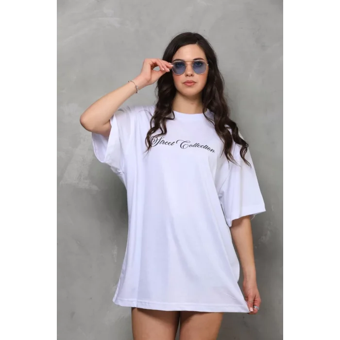 Arnay Unisex Bisiklet Yaka Baskılı Oversize T-shirt - Beyaz
