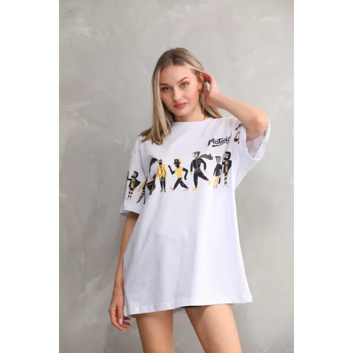 Arnay Unisex Bisiklet Yaka Baskılı Oversize T-shirt - Beyaz