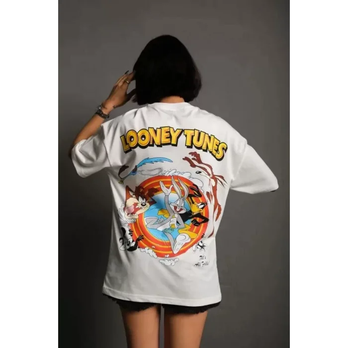 Arnay Unisex Bisiklet Yaka Baskılı Oversize T-shirt - Beyaz