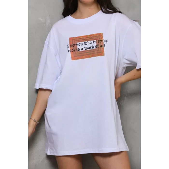 Arnay Unisex Bisiklet Yaka Baskılı Oversize T-shirt - Beyaz