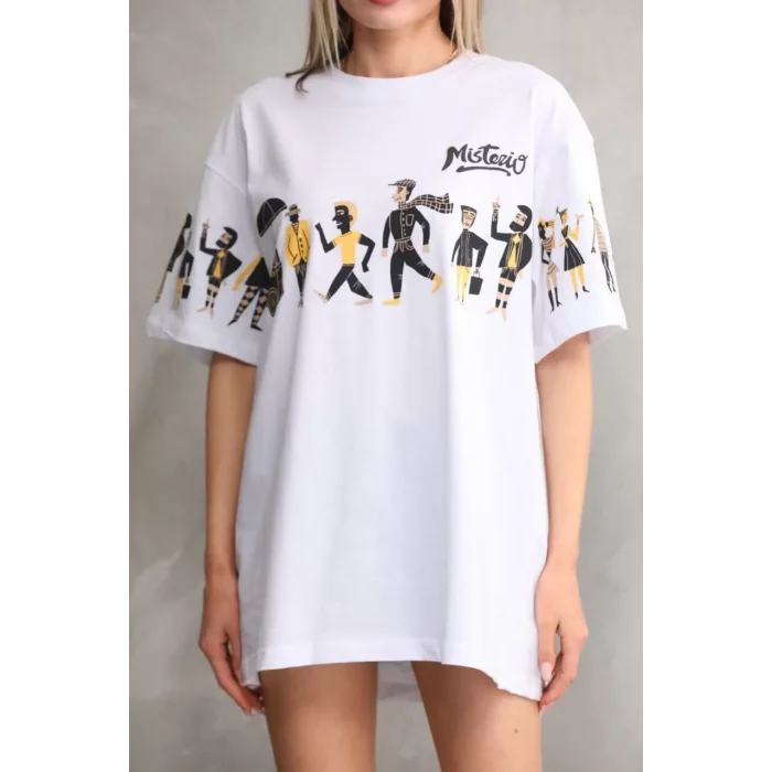 Arnay Unisex Bisiklet Yaka Baskılı Oversize T-shirt - Beyaz