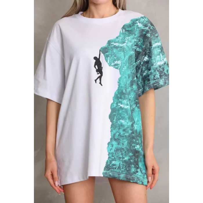 Arnay Unisex Bisiklet Yaka Baskılı Oversize T-shirt - Beyaz