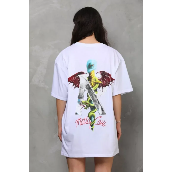 Arnay Unisex Bisiklet Yaka Baskılı Oversize T-shirt - Beyaz