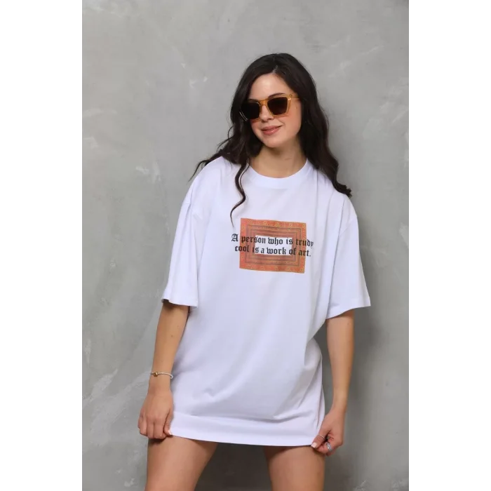 Arnay Unisex Bisiklet Yaka Baskılı Oversize T-shirt - Beyaz